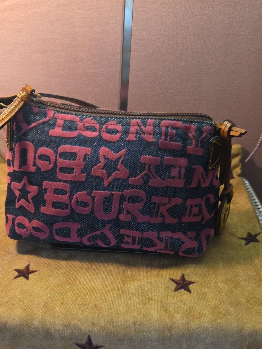 Vintage Dooney Bourke Women's Pink Patterned Denim Bag 9x6